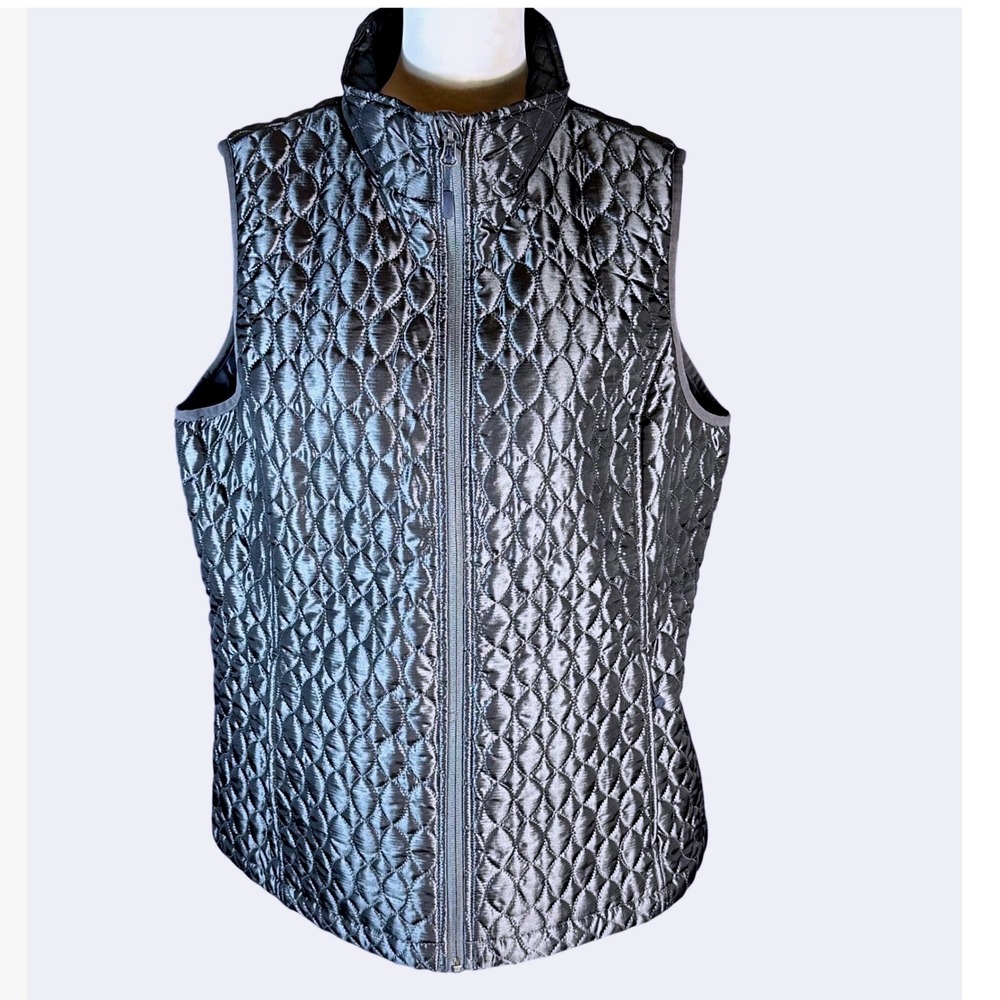 Lands' End Quilted Vest Women XL 18 Gray Metallic Primaloft Full Zip Puffer